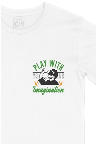 Yeşil Play Your Imagination Cep Logo Tasarımlı Beyaz Tişört