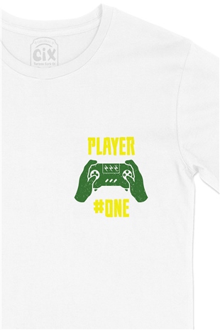 Yeşil Player One  Cep Logo Tasarımlı Beyaz Tişört
