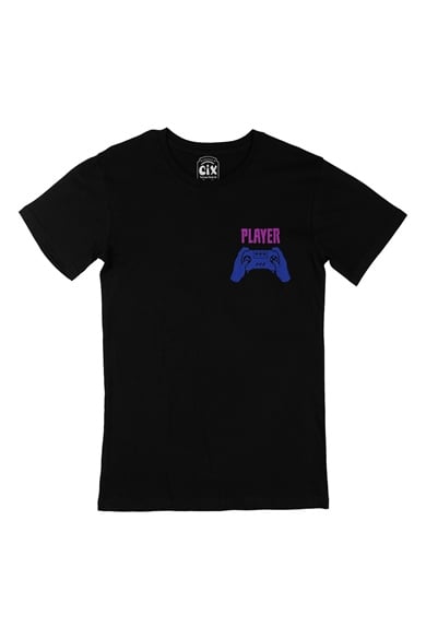 Yeşil Player One  Cep Logo Tasarımlı Siyah Tişört