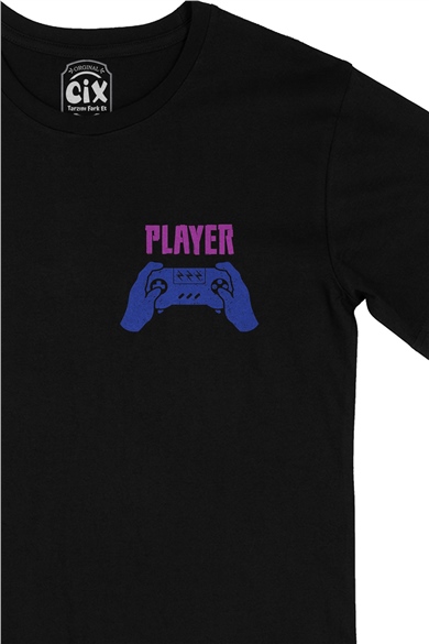 Yeşil Player One  Cep Logo Tasarımlı Siyah Tişört