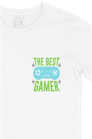 Yeşil The Best Gamer Cep Logo Tasarımlı Beyaz Tişört