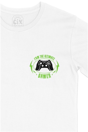 Yeşil Ultimate Gamer Cep Logo Tasarımlı Beyaz Tişört
