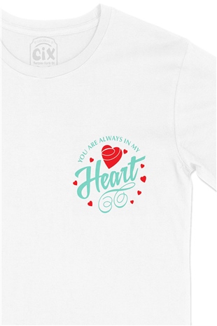 Yeşil You Are Always In My Heart Cep Logo Tasarımlı Beyaz Tişört