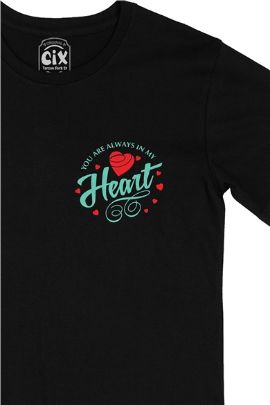 Yeşil You Are Always In My Heart Cep Logo Tasarımlı Siyah Tişört