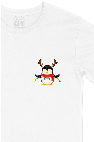 Yılbaşı Pengueni Cep Logo Tasarımlı Beyaz Tişört