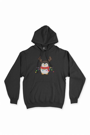 Yılbaşı Pengueni Siyah Kapşonlu Sweatshirt Hoodie