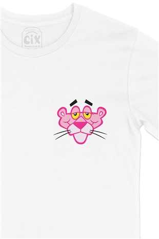Yorgun Pembe Panter Cep Logo Tasarımlı Beyaz Tişört