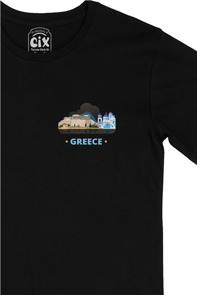 Yunanistan Cep Logo Tasarımlı Siyah Tişört