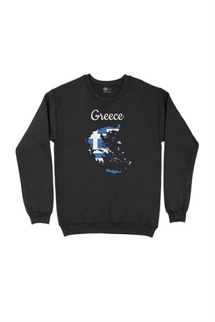 Yunanistan Haritalı ve Bayraklı Siyah Sweatshirt