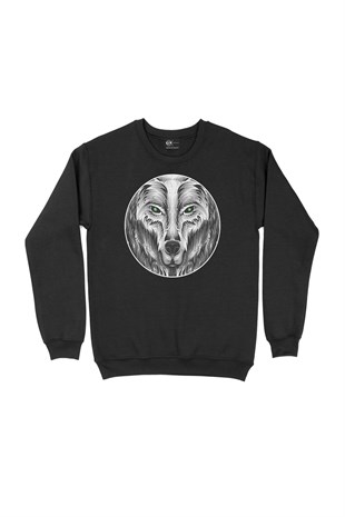 Yuvarlak Yeşil Gözlü Kurt Siyah Sweatshirt