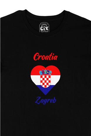 Zagreb Hırvatistan Bayraklı Kalpli Siyah Tişört