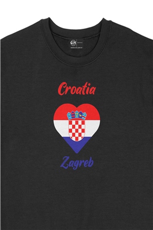 Zagreb Hırvatistan Bayraklı Kalpli Siyah Sweatshirt