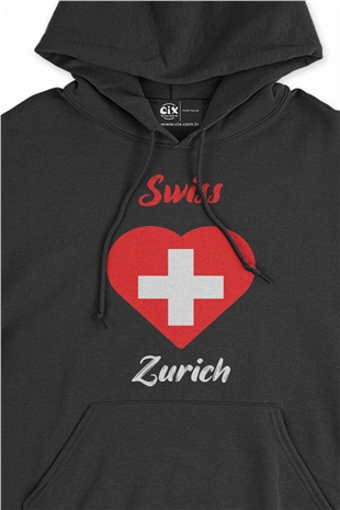 Zürih İsviçre Bayraklı Kalpli Siyah Sweatshirt Hoodie