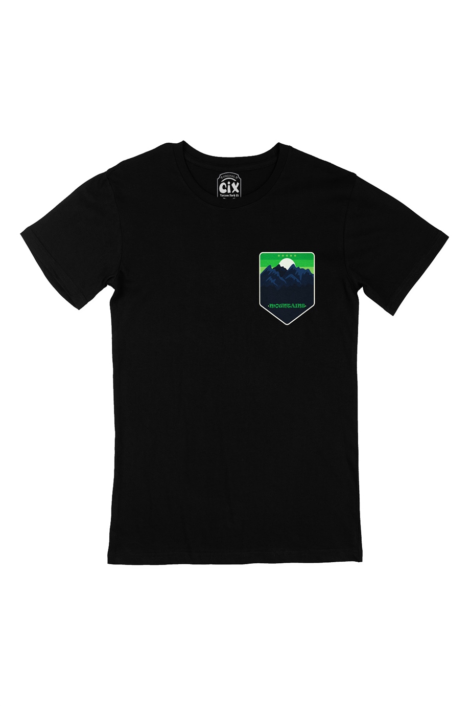 5 Stars Mountains  Cep Logo Tasarımlı Siyah Tişört