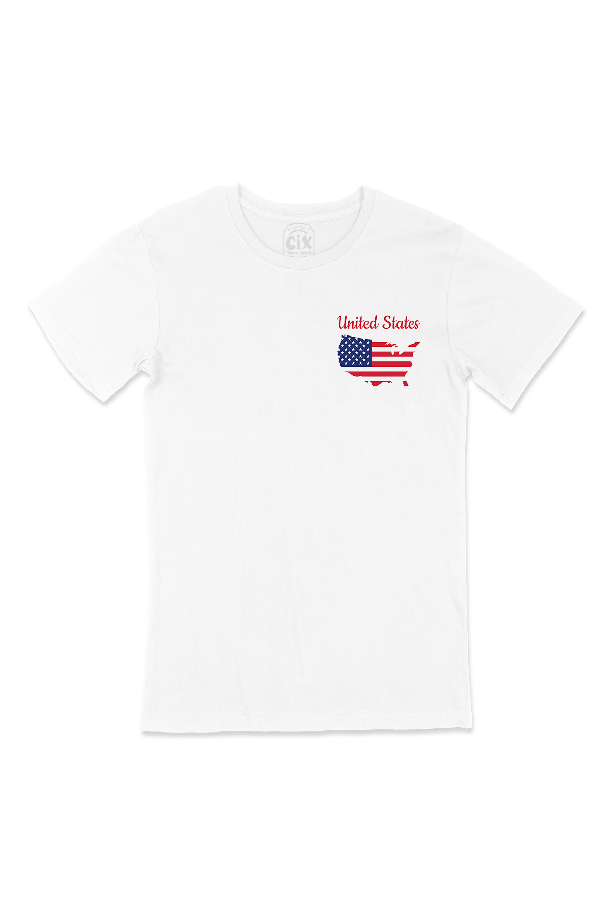 Amerika Haritalı ve Bayraklı Cep Logo Tasarımlı Beyaz Tişört