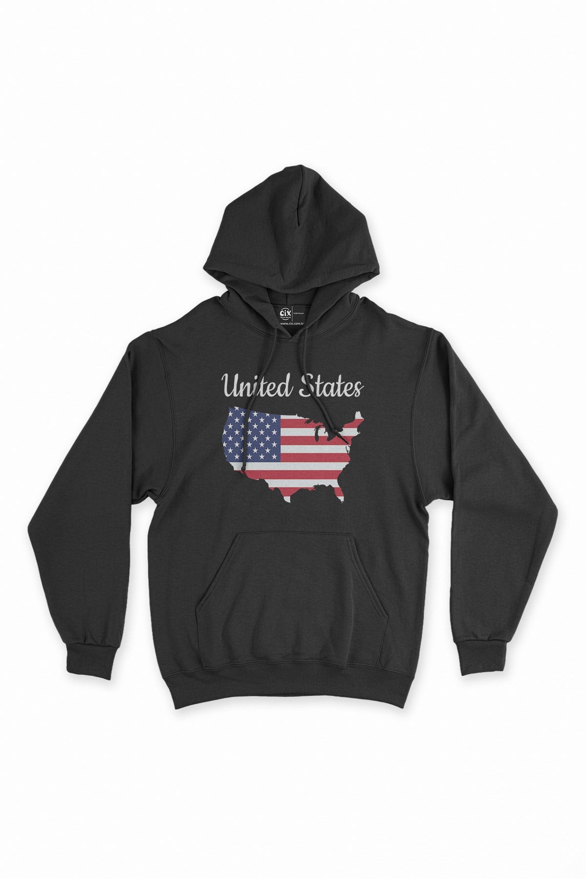 Amerika Haritalı ve Bayraklı Siyah Kapşonlu Sweatshirt Hoodie