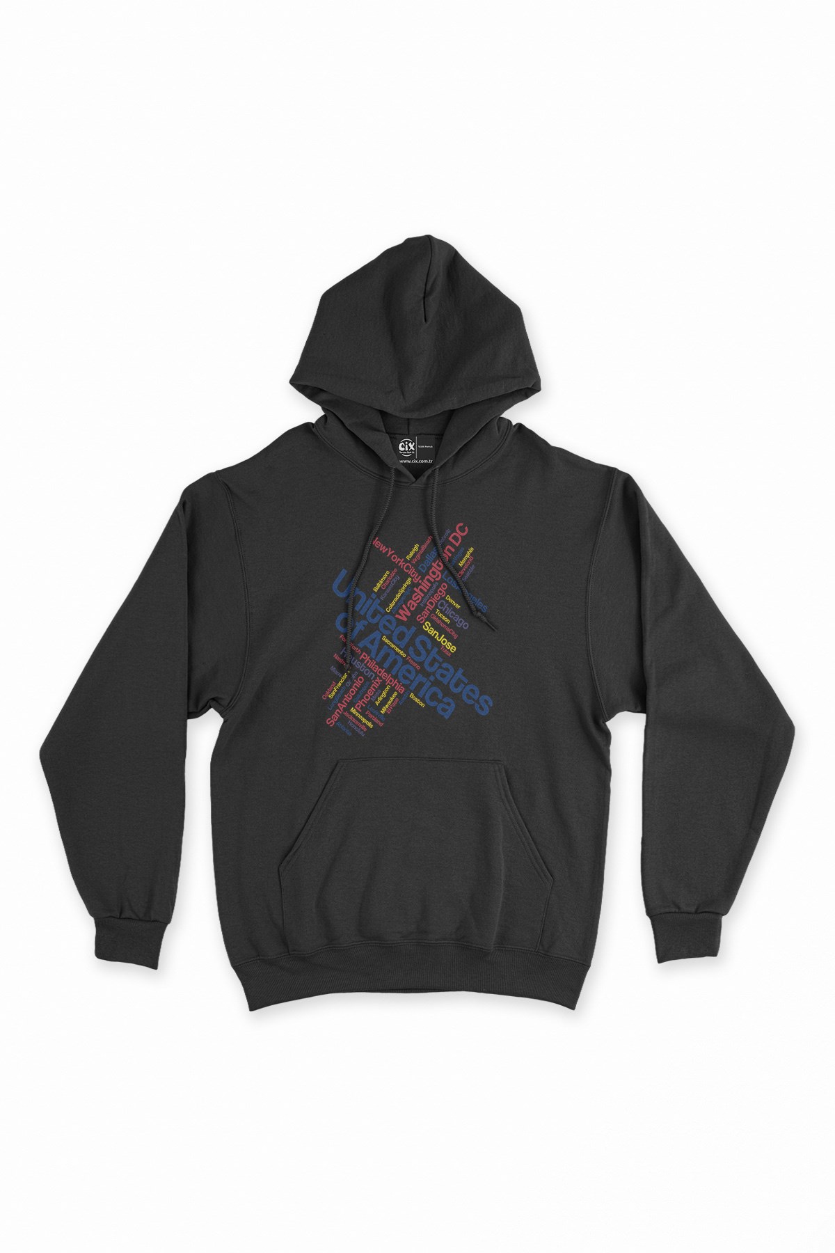 Amerika Şehir İsimli Siyah Kapşonlu Sweatshirt Hoodie
