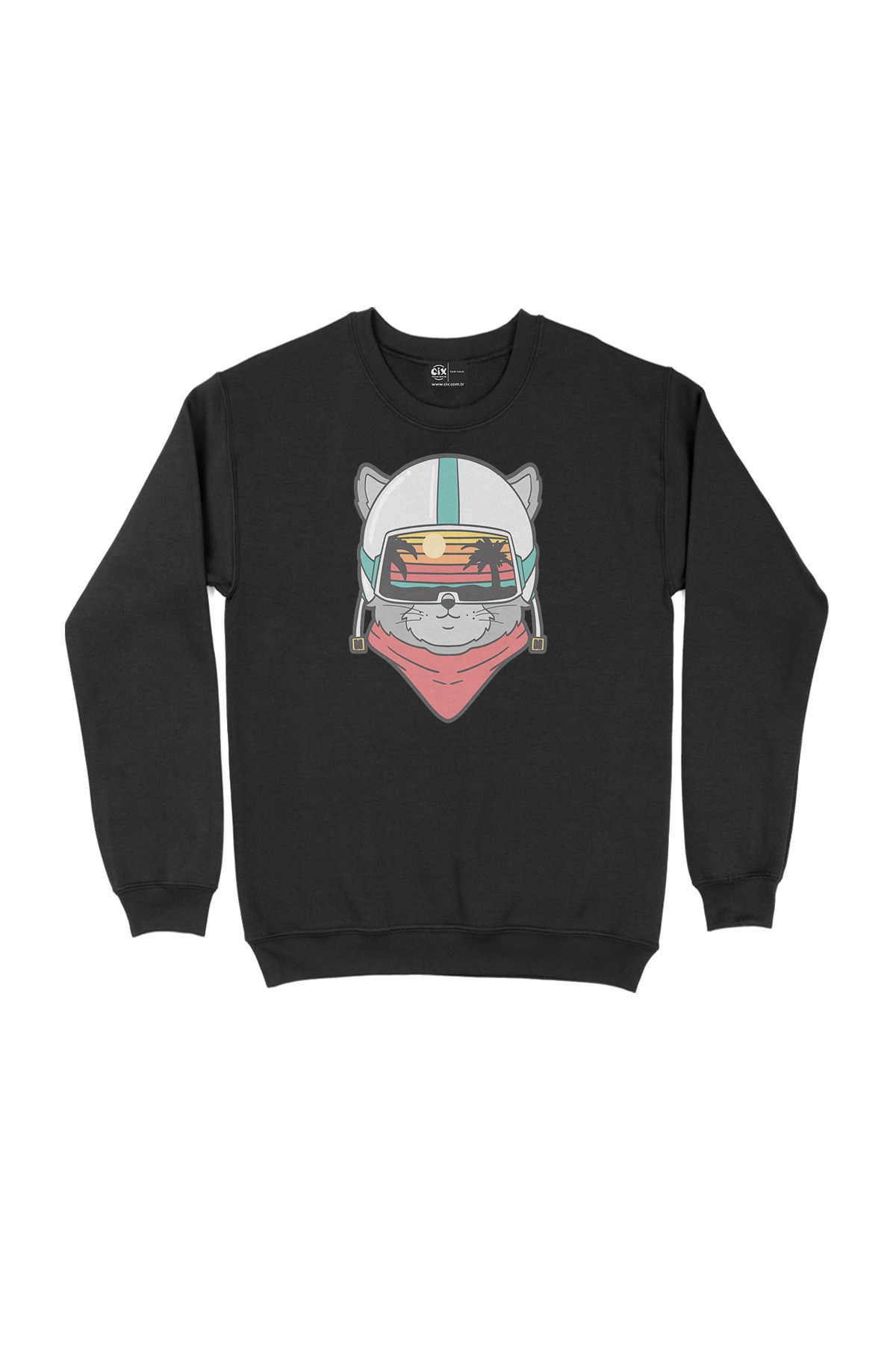 Astronot Kedi Tatilde Siyah Sweatshirt