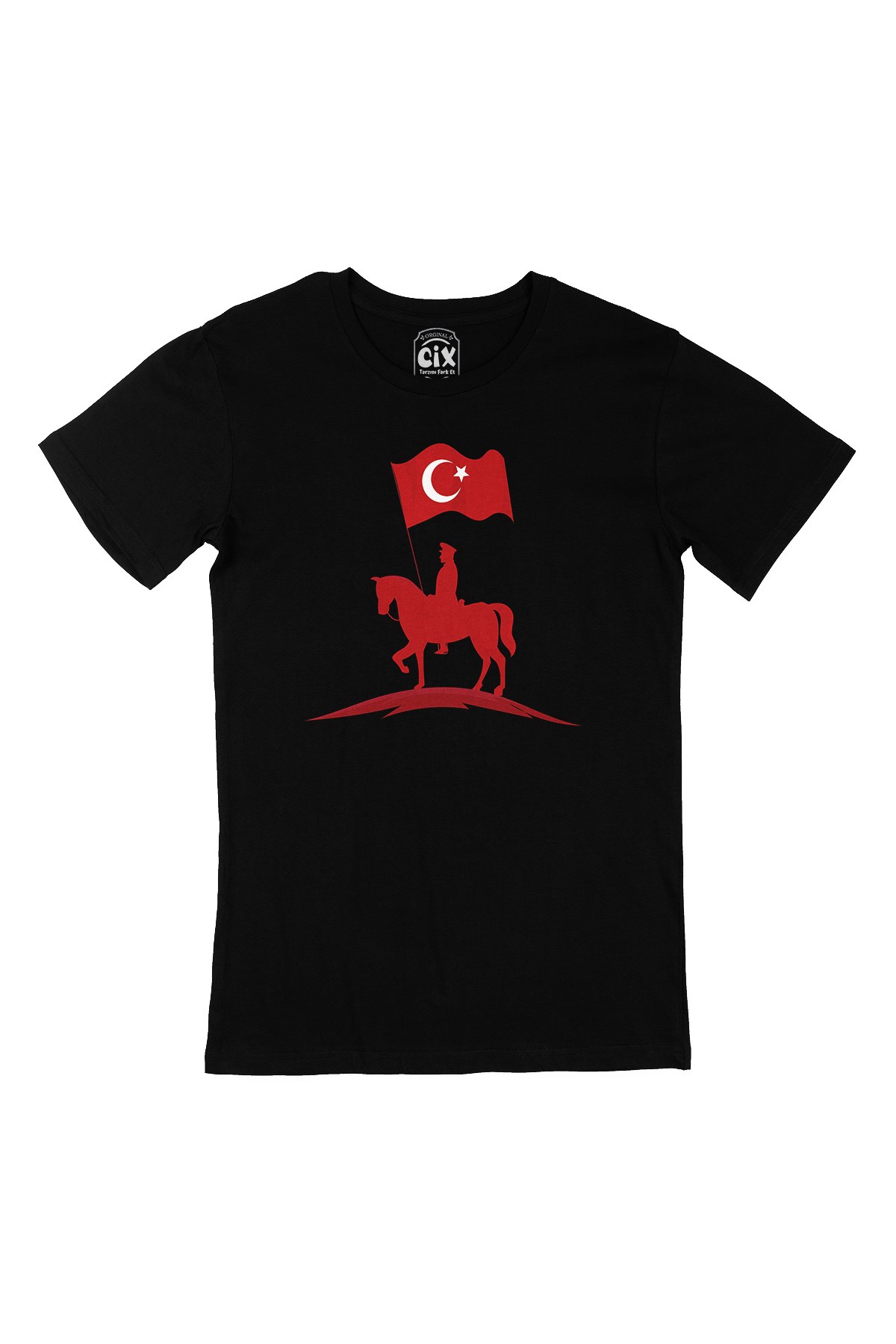 Atatürk Kırmızı Bayraklı Atlı Siyah Tişört