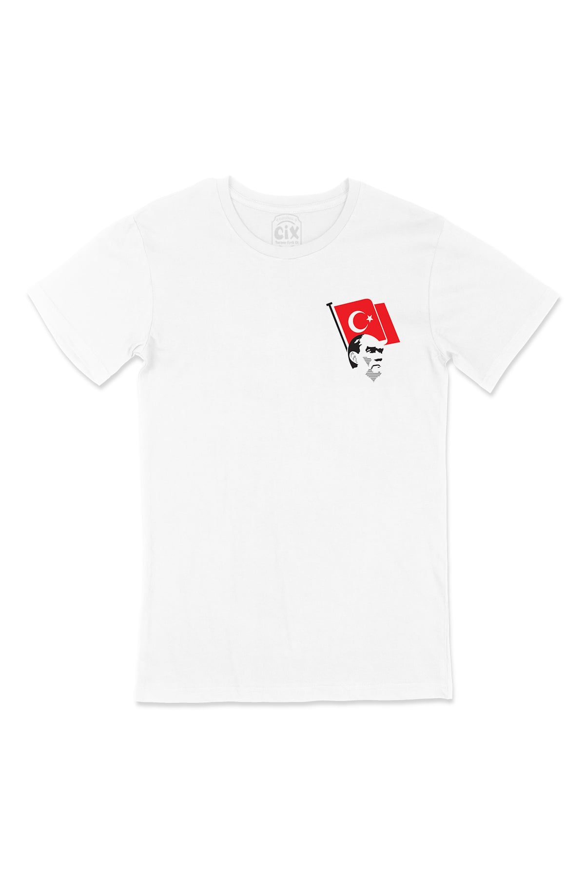 Atatürk ve Türk Bayraklı Cep Logo Tasarımlı Beyaz Tişört