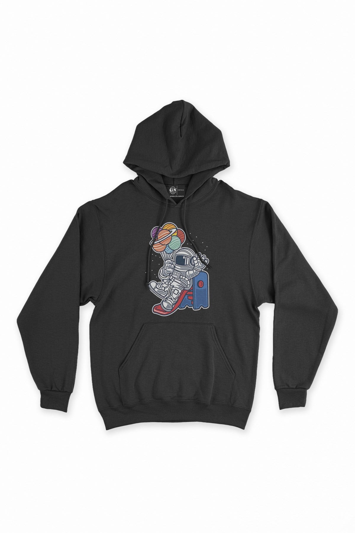 Balonlu Astronot Siyah Kapşonlu Sweatshirt Hoodie