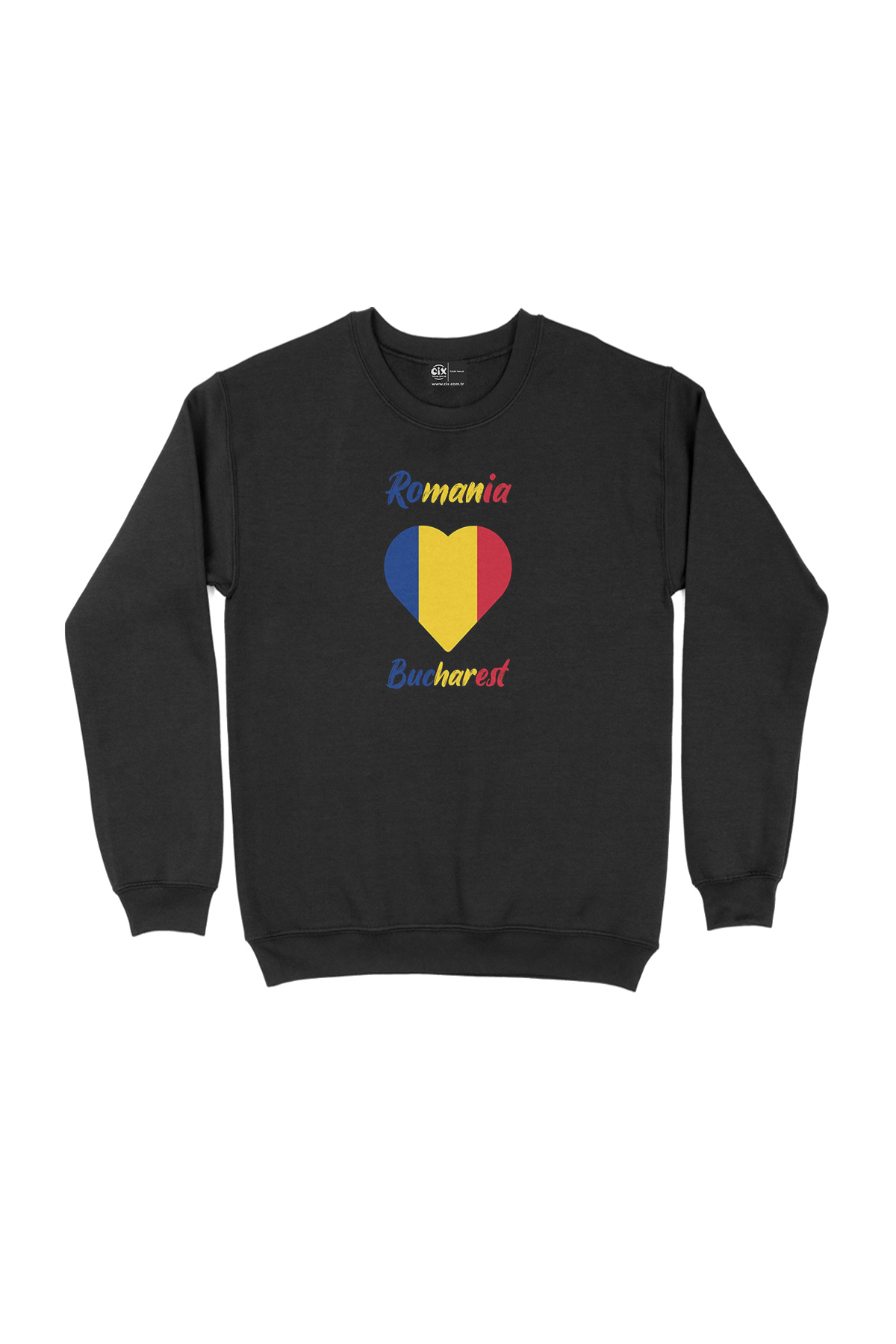 Bükreş Romanya Bayraklı Kalpli Siyah Sweatshirt