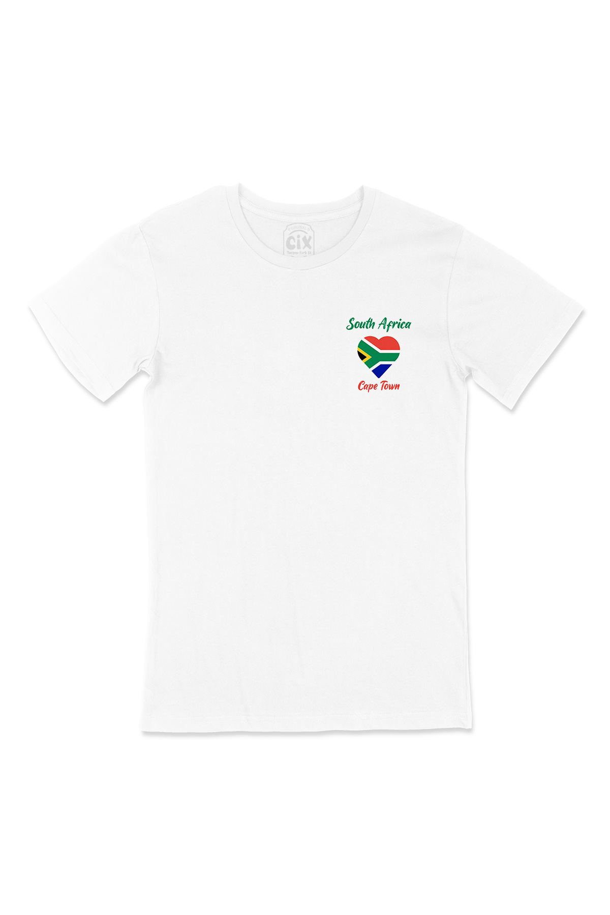 Cape Town Güney Afrika Bayraklı Kalpli Cep Logo Tasarımlı Beyaz Tişört