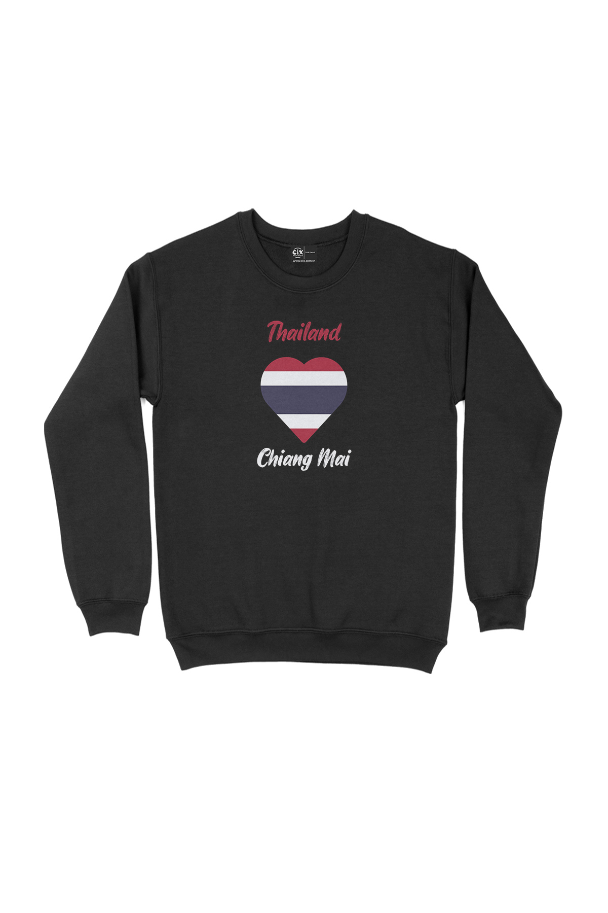 Chiang Mai Tayland Bayraklı Kalpli Siyah Sweatshirt