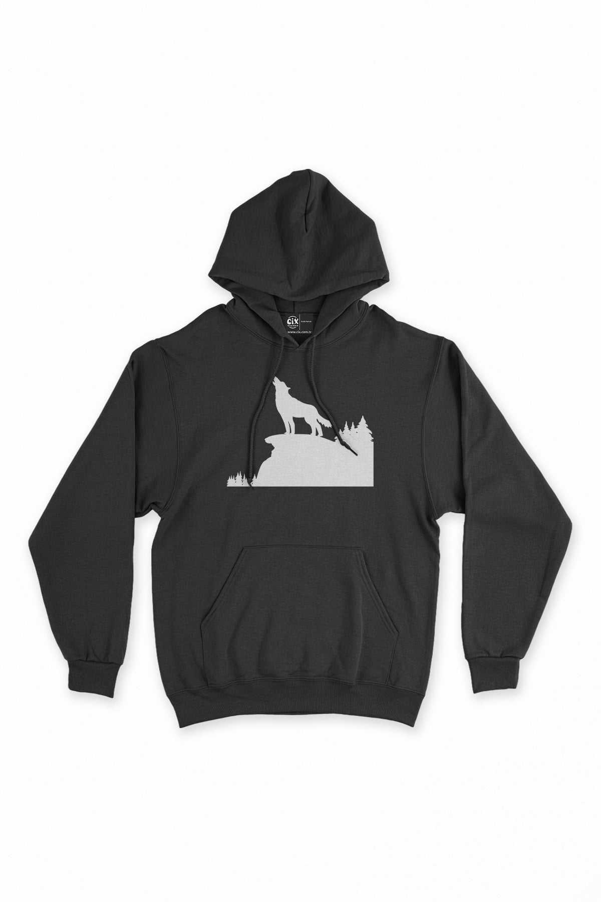 Dağda Uluyan Kurt Siyah Kapşonlu Sweatshirt Hoodie