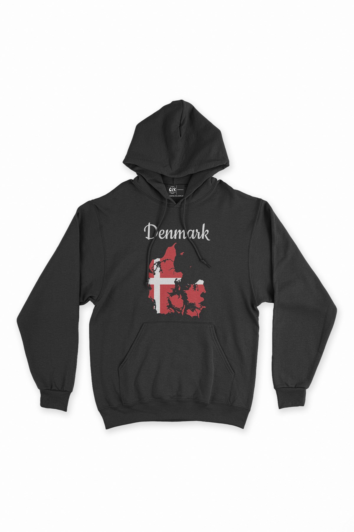Danimarka Haritalı ve Bayraklı Siyah Kapşonlu Sweatshirt Hoodie