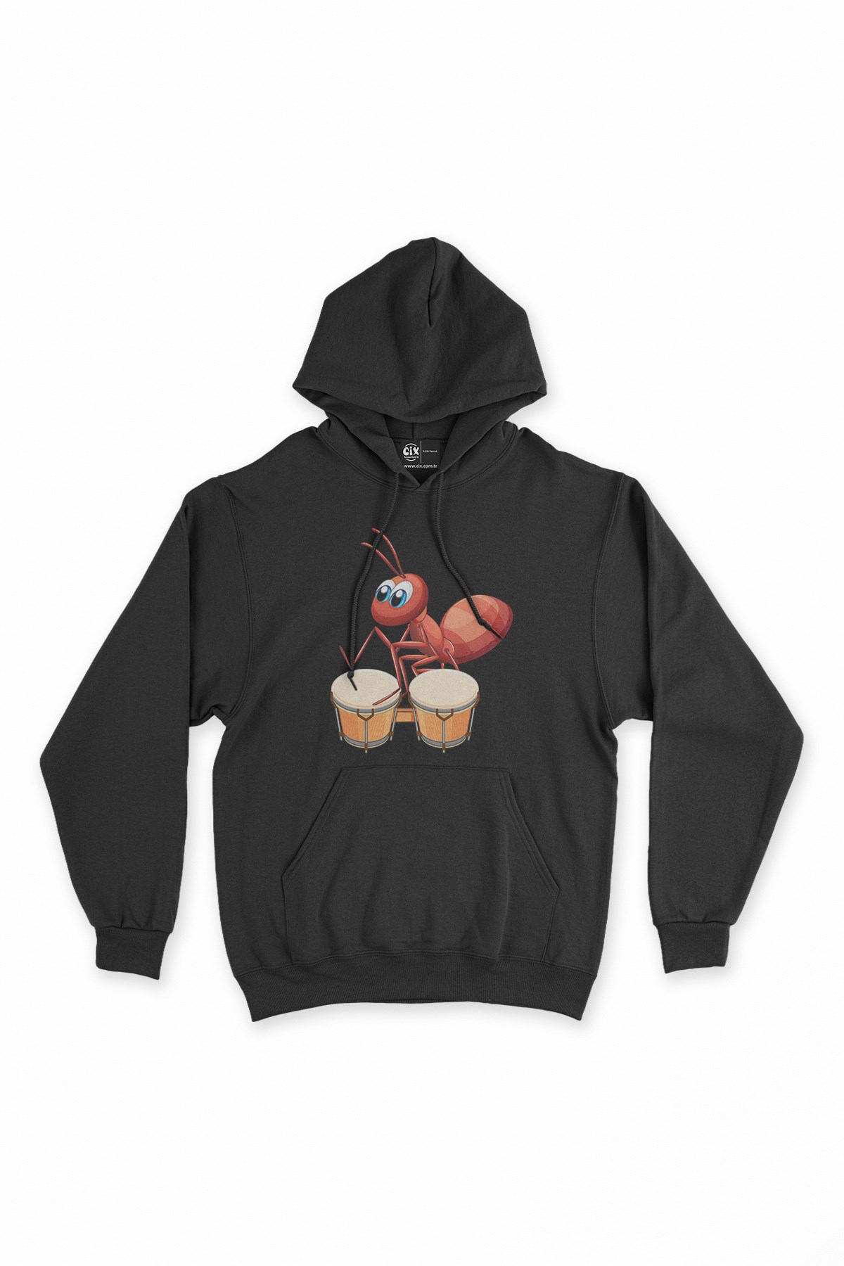 Davul Çalan Karınca Siyah Kapşonlu Sweatshirt Hoodie