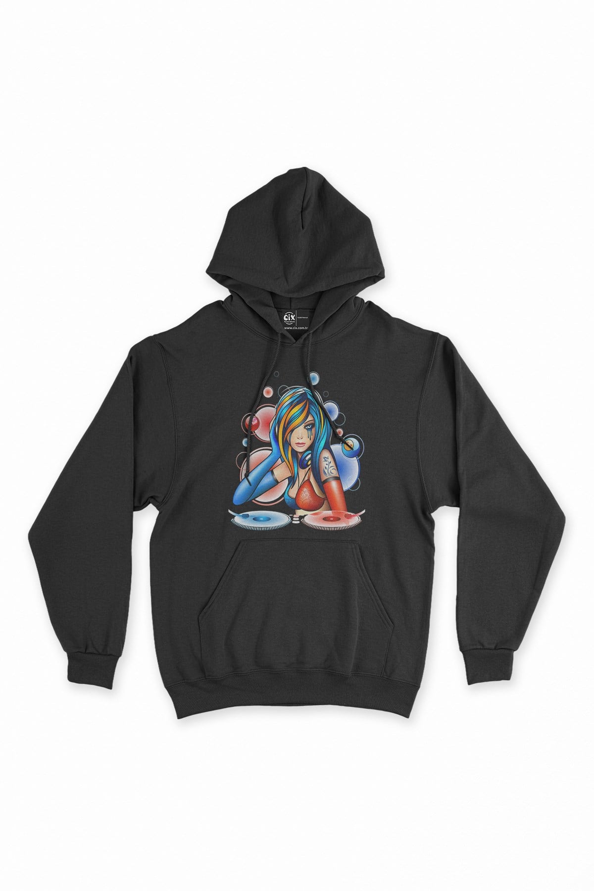 DJ Dövmeli Kız Siyah Kapşonlu Sweatshirt Hoodie
