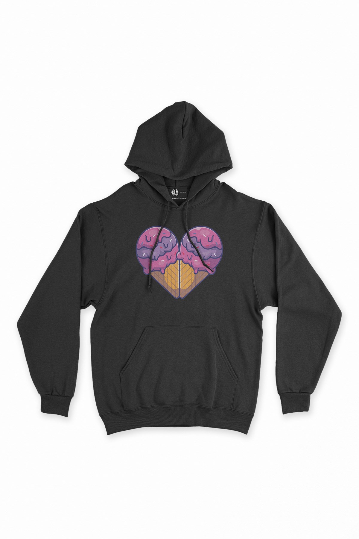 Dondurma Aşkı Siyah Kapşonlu Sweatshirt Hoodie