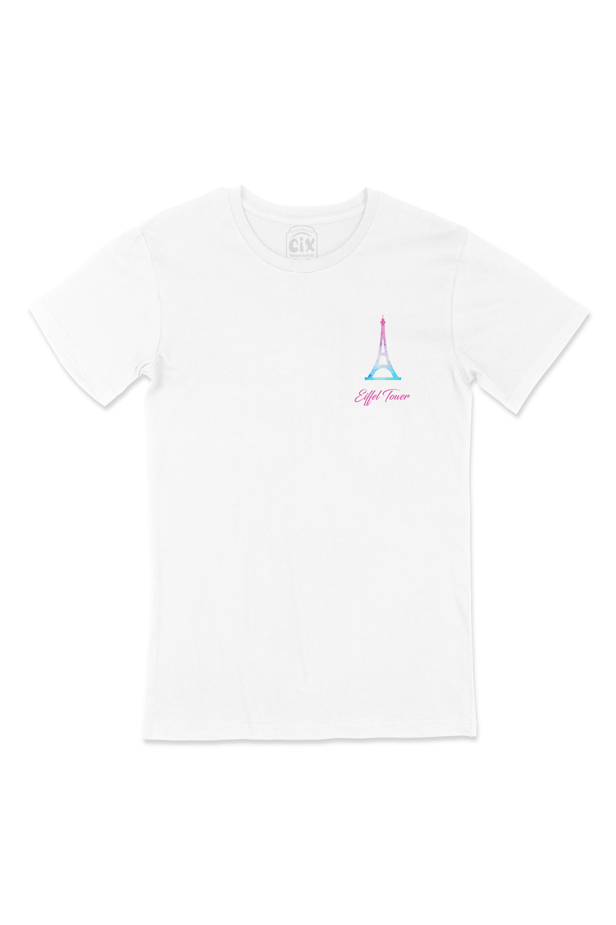 Eiffel Tower Cep Logo Tasarımlı Beyaz Tişört