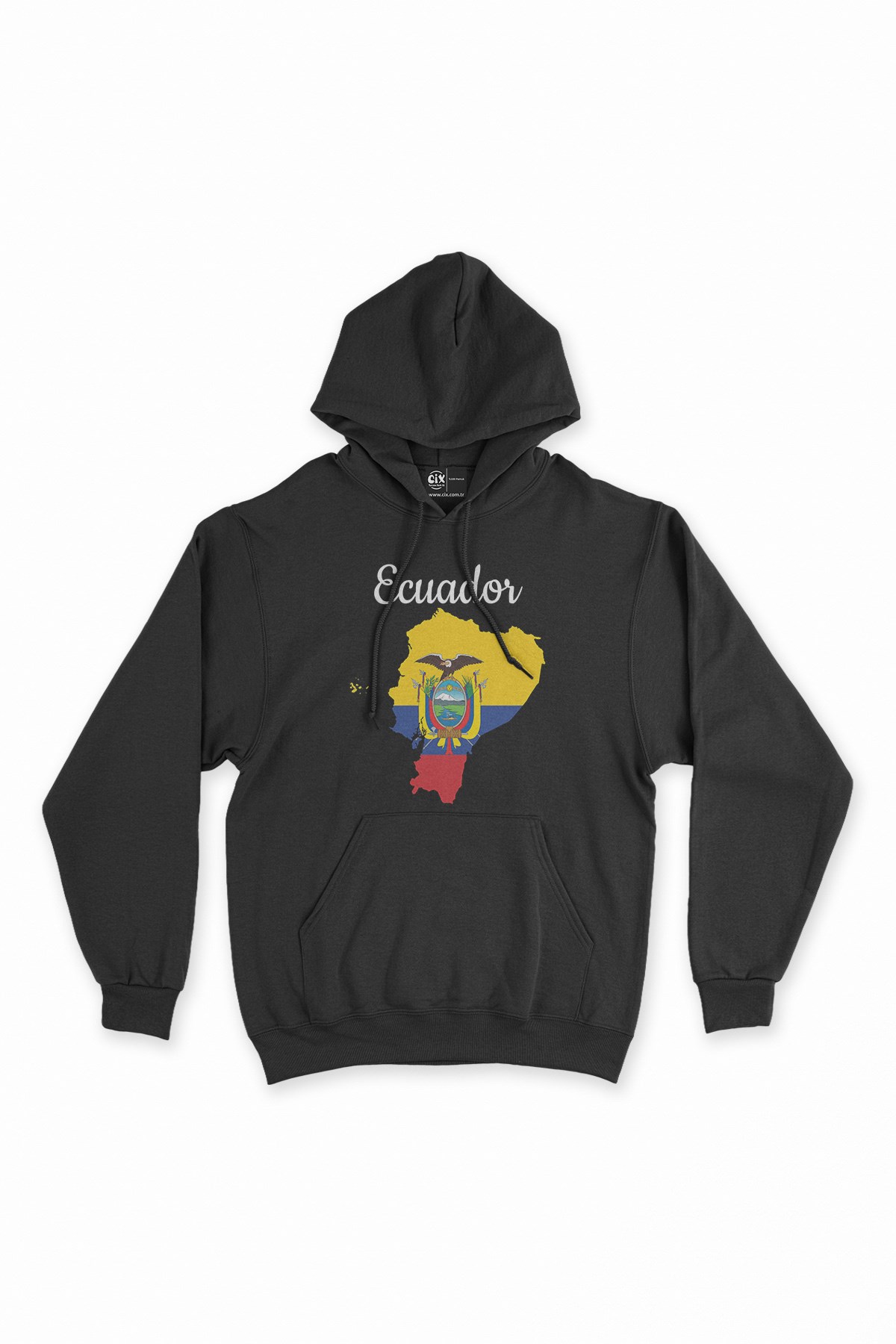 Ekvator Haritalı ve Bayraklı Siyah Kapşonlu Sweatshirt Hoodie