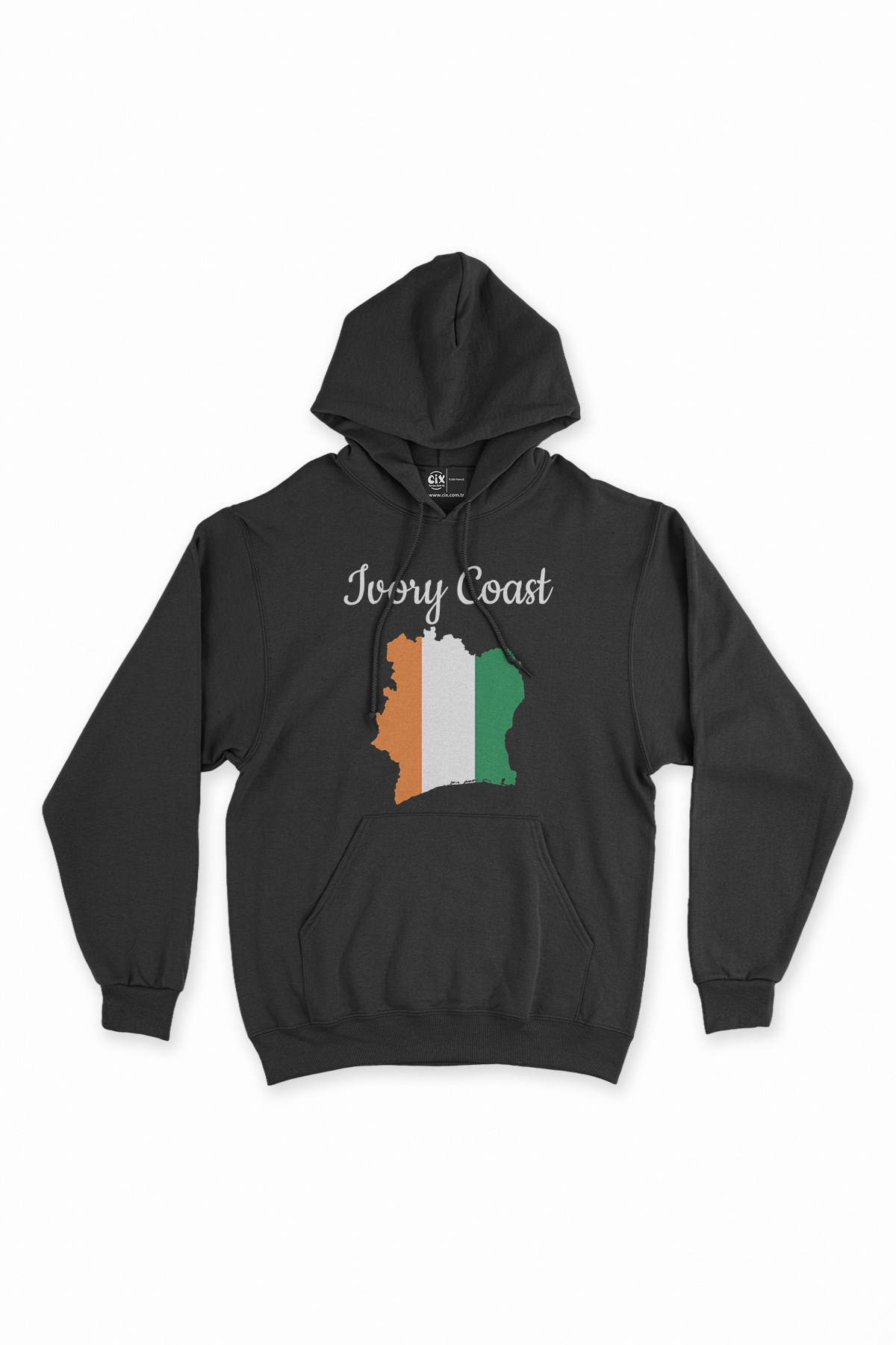 Fildişi Sahilleri Haritalı ve Bayraklı Siyah Kapşonlu Sweatshirt Hoodie