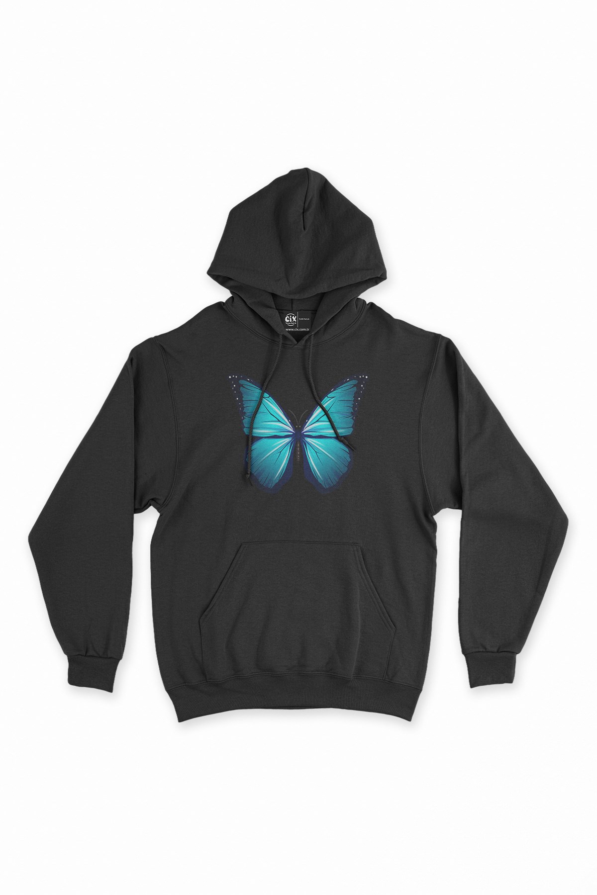 Gerçek Kelebek Tasarımlı Siyah Kapşonlu Sweatshirt Hoodie