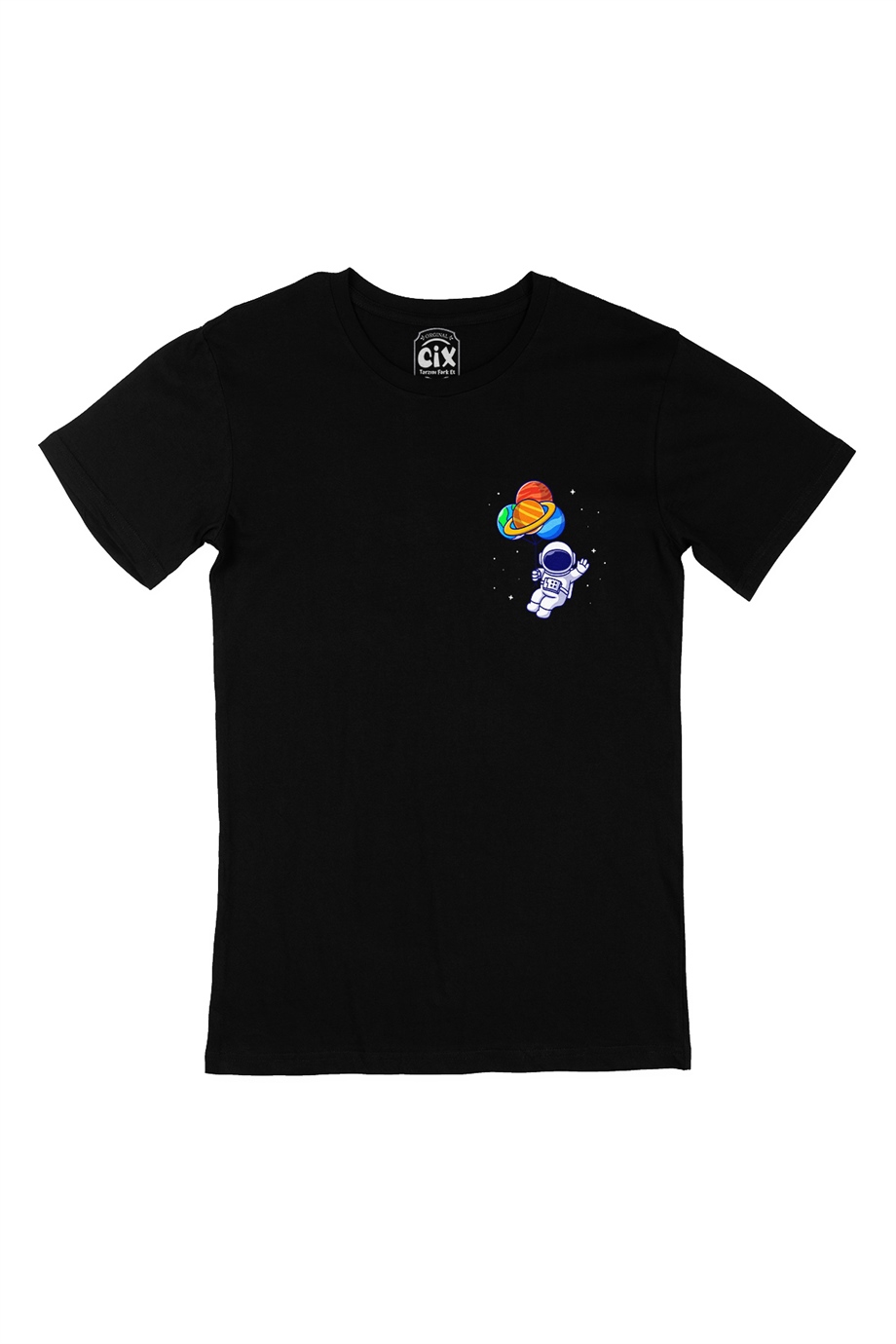 Gezegen Balonlu Astronot Cep Logo Tasarımlı Siyah Tişört