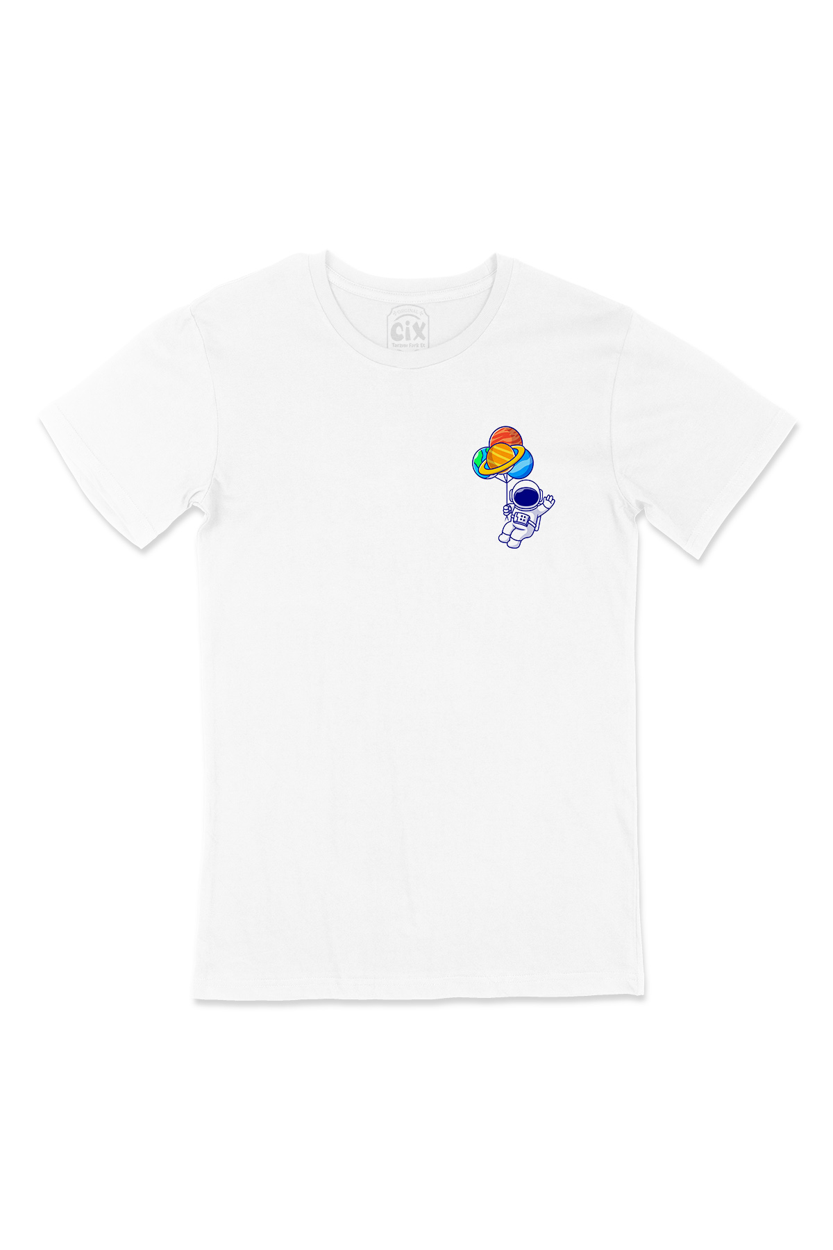 Gezegen Balonlu Astronot Cep Logo Tasarımlı Beyaz Tişört