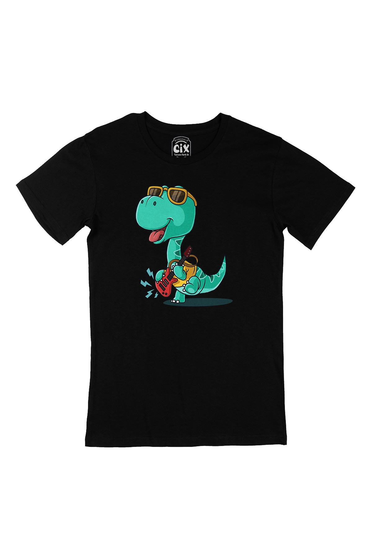 Gitarlı Dinozor Siyah Tişört