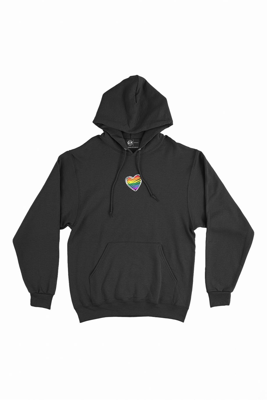Gökkuşağı Kalp Çizimli Minimal Kapşonlu Sweatshirt Hoodie Gökkuşağı Kalp Çizimli Minimal Kapşonlu Sweatshirt Hoodie - Ücretsiz Kargo