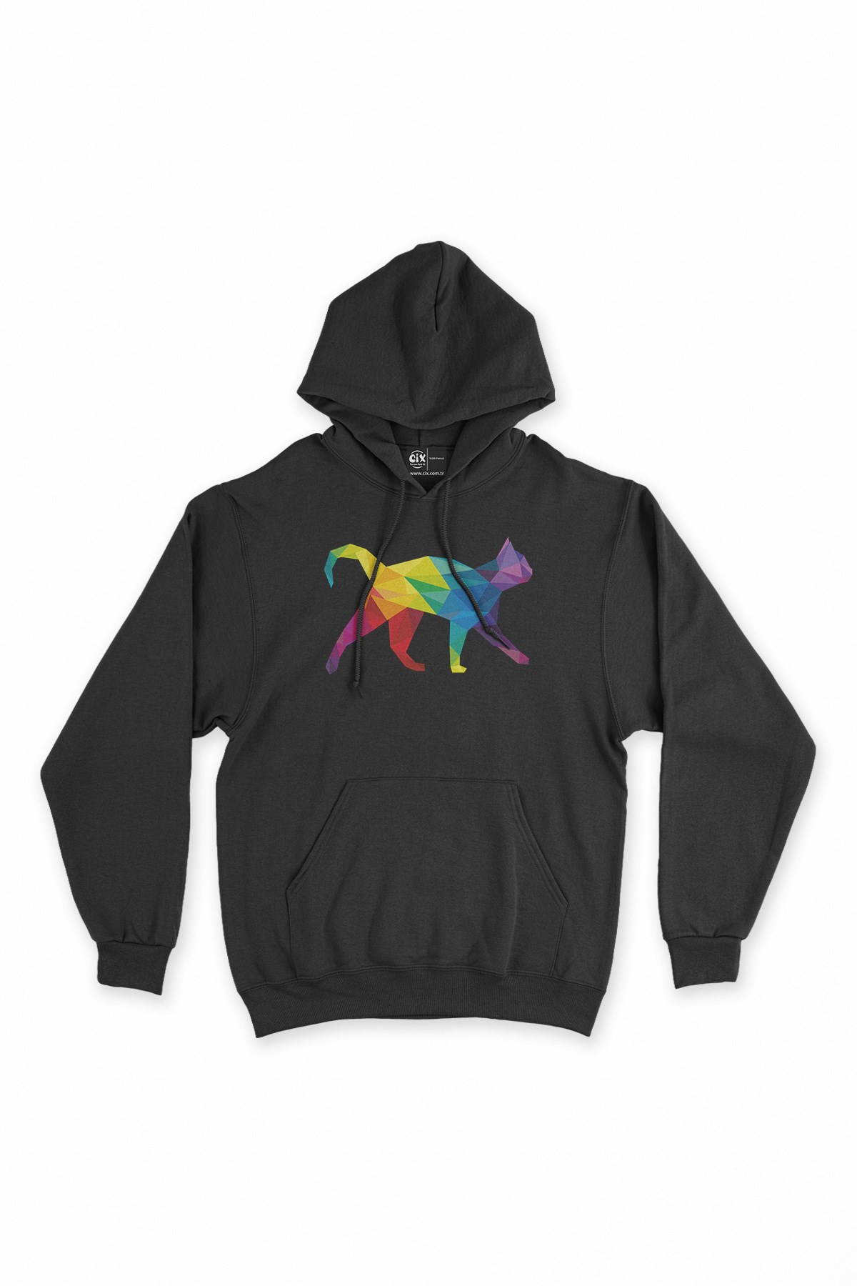 Gökkuşağı Renkli Polygon Kedi Siyah Kapşonlu Sweatshirt Hoodie