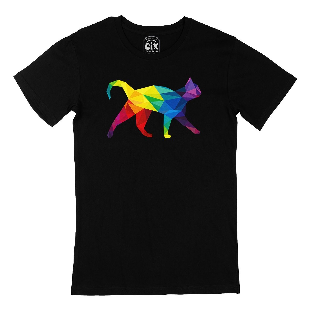 Gökkuşağı Renkli Polygon Kedi Siyah Tişört
