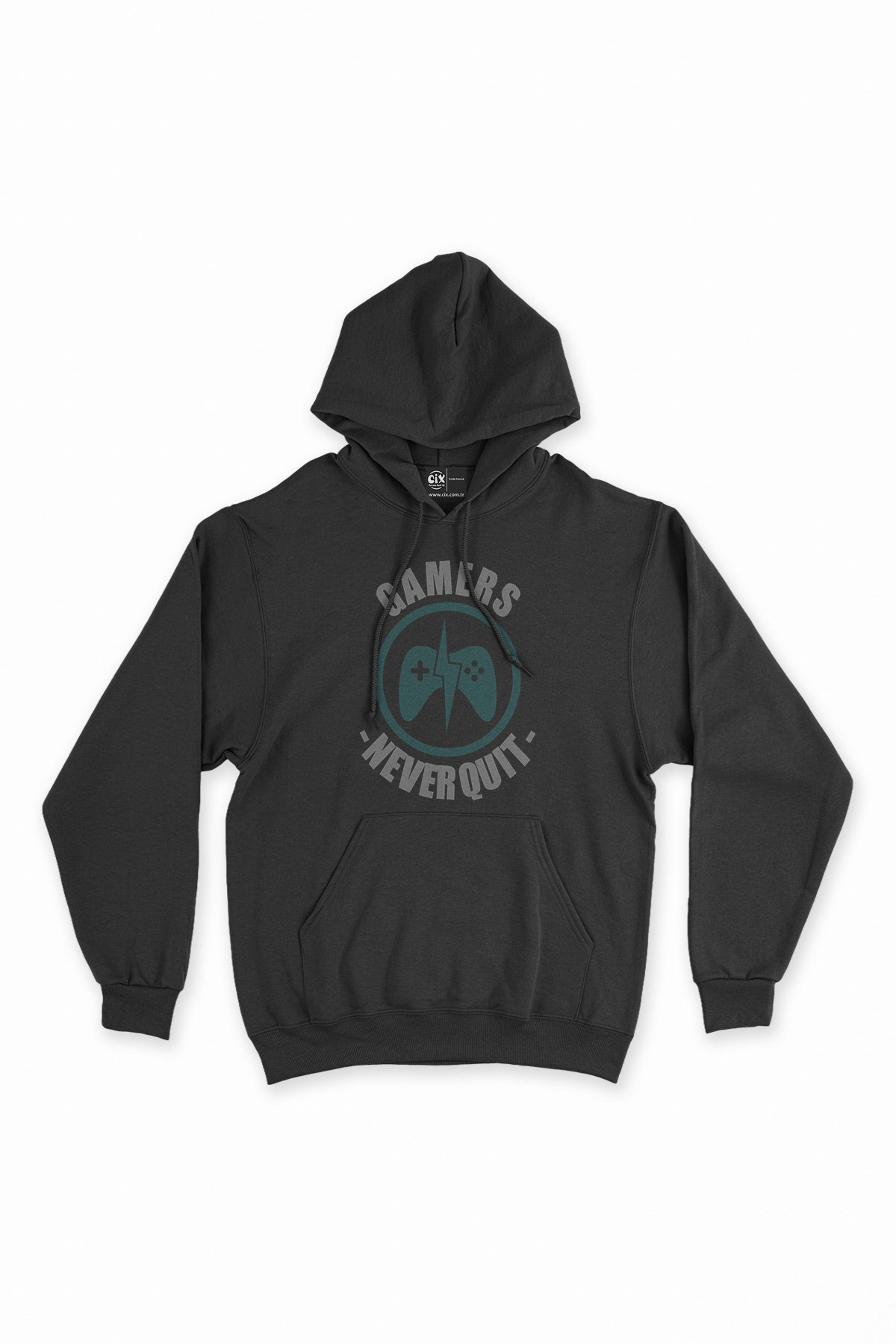 Gri Gamers Never Quit Siyah Kapşonlu Sweatshirt Hoodie