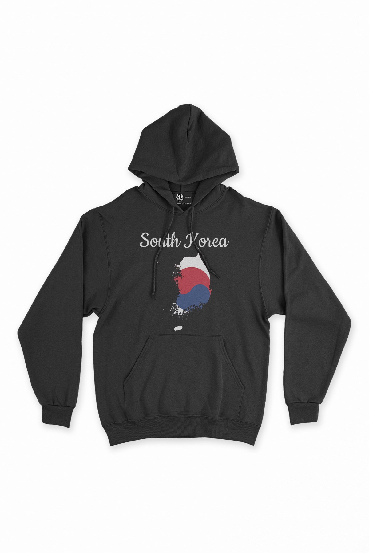 Güney Kore Haritalı ve Bayraklı Siyah Kapşonlu Sweatshirt Hoodie