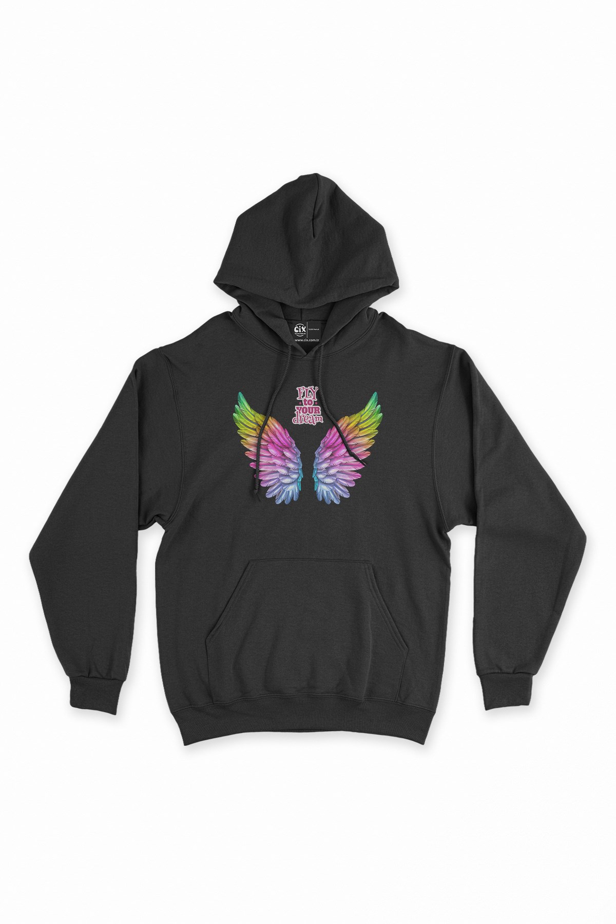 Hayallerine Uç Renkli Kanatlı Siyah Kapşonlu Sweatshirt Hoodie