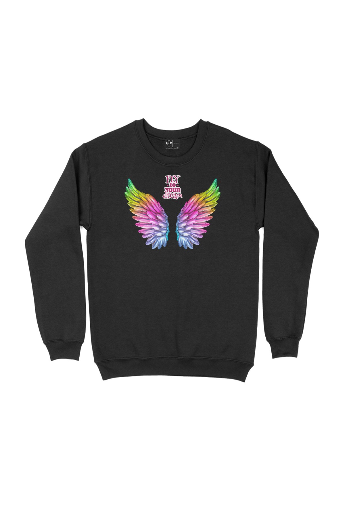 Hayallerine Uç Renkli Kanatlı Siyah Sweatshirt