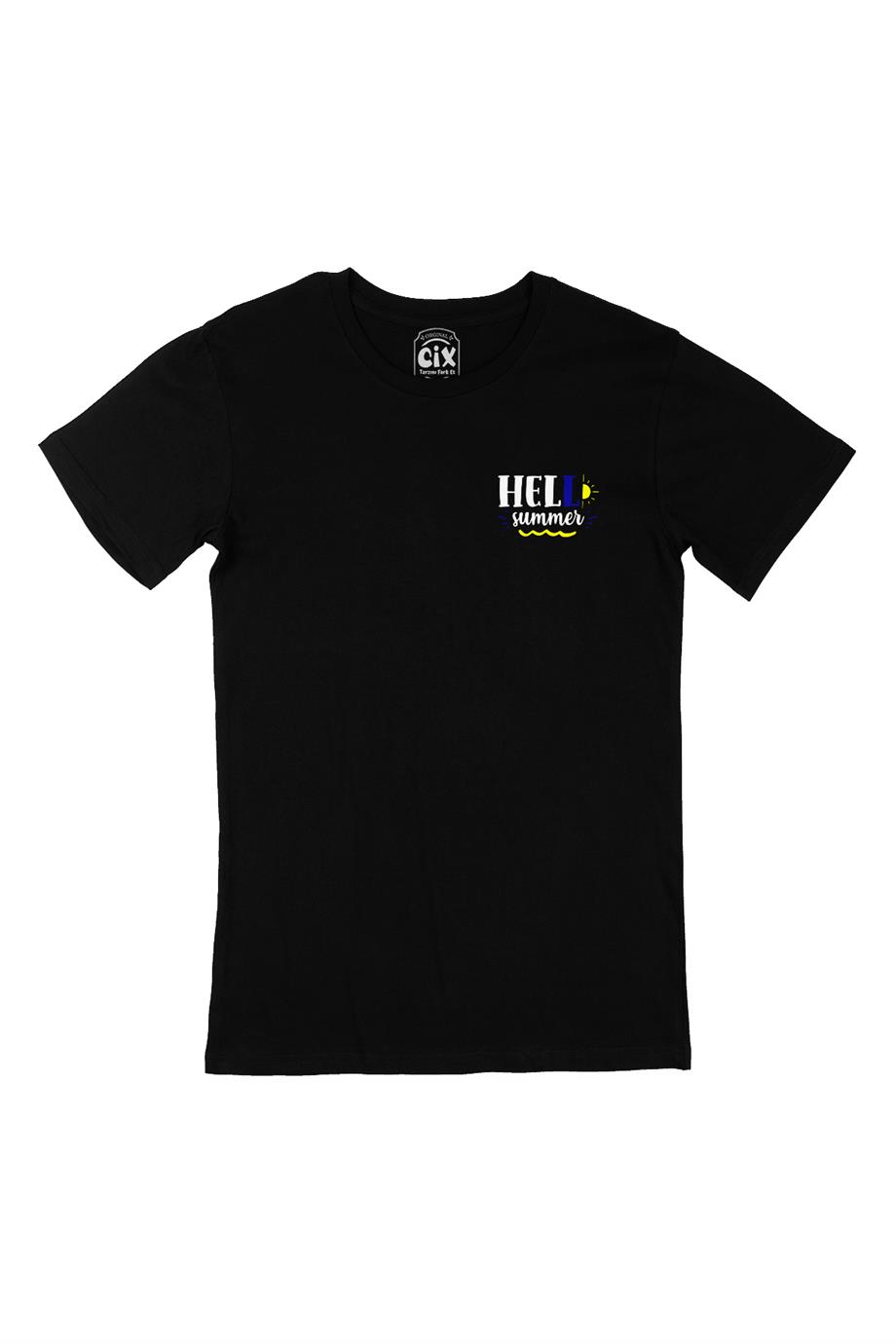 Hello Summer Yaz Cep Tasarım Baskılı Siyah Tişört