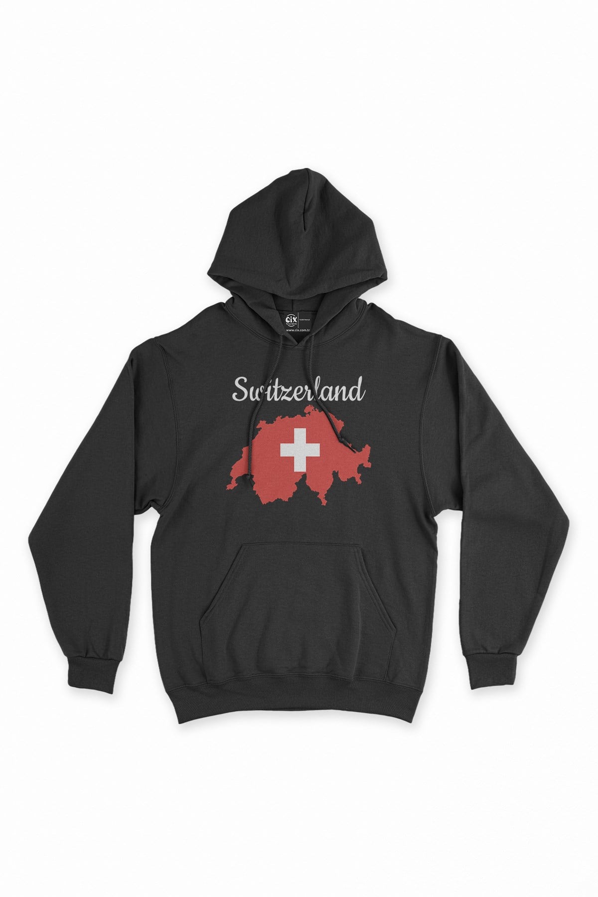 İsviçre Haritalı ve Bayraklı Siyah Kapşonlu Sweatshirt Hoodie
