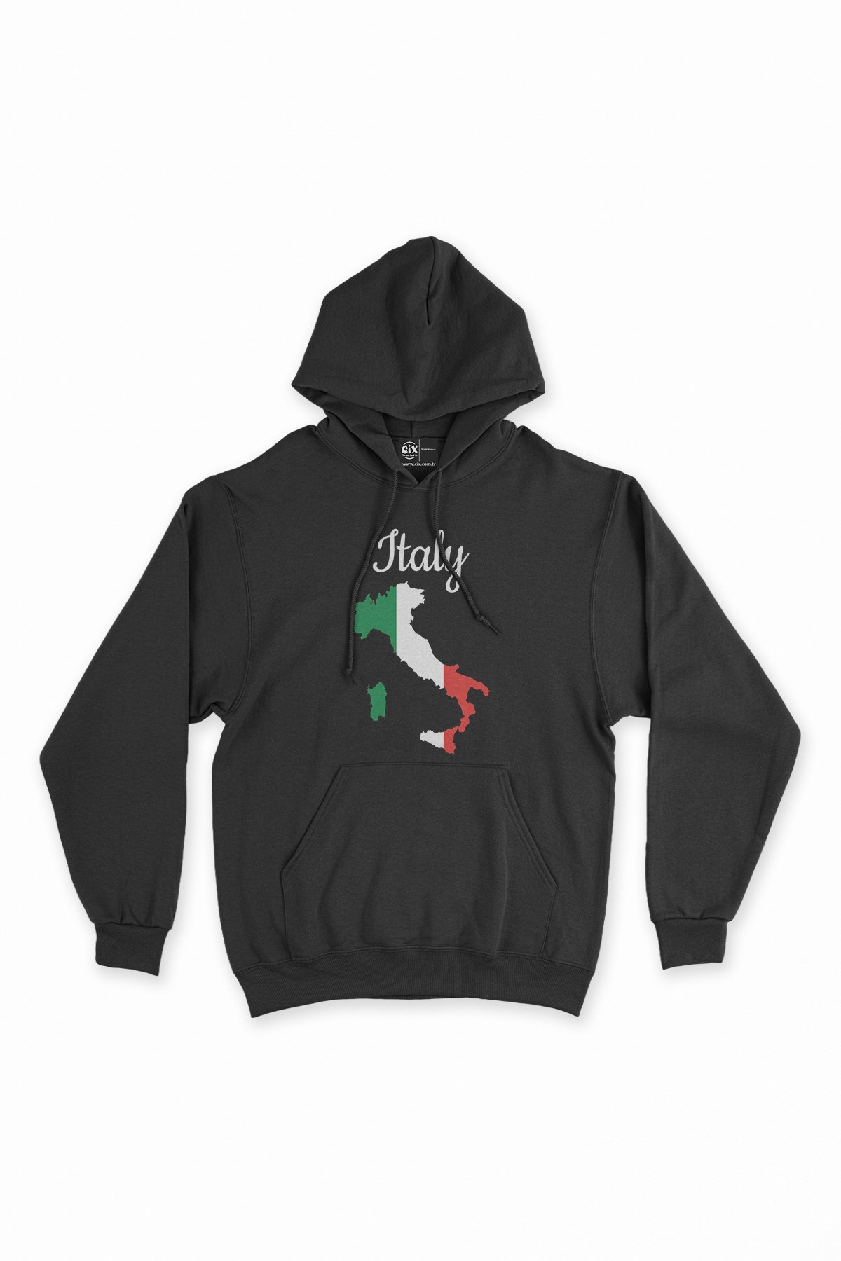 İtalya Haritalı ve Bayraklı Siyah Kapşonlu Sweatshirt Hoodie